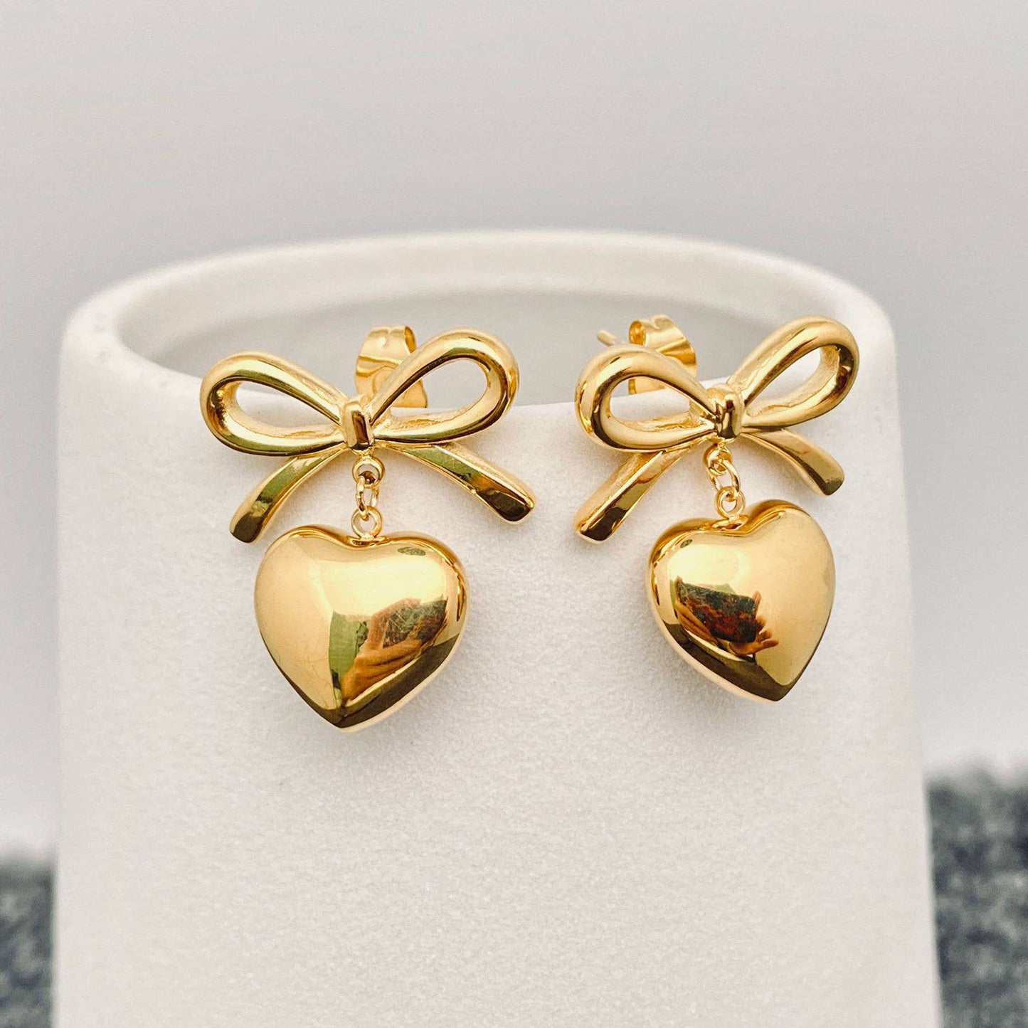 18K Gold Plated Heart Charm Bow Post Earrings