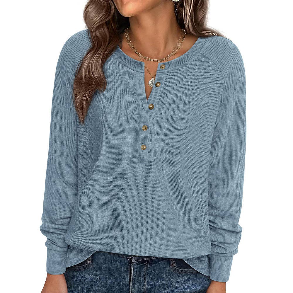 Button Front Waffle Knit Long Sleeve Top