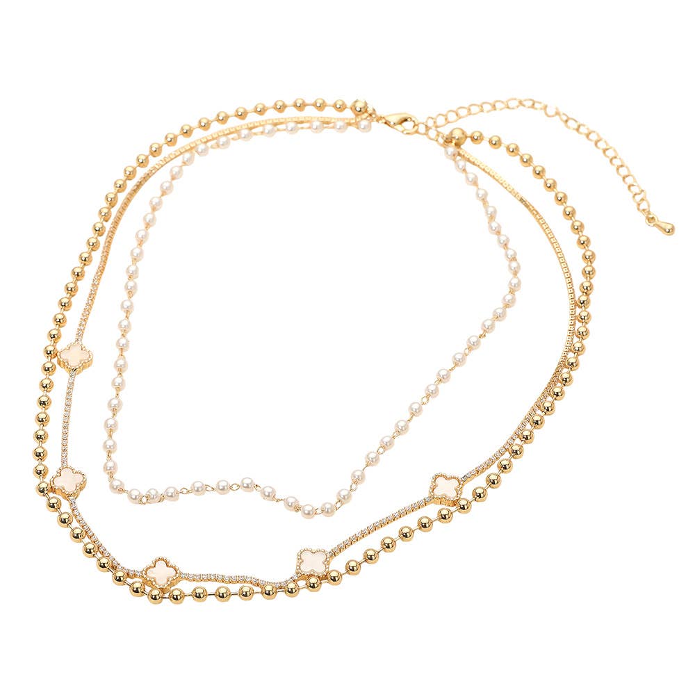 Quatrefoil Charm Station Pearl Beaded Chain Layered Choker Necklace