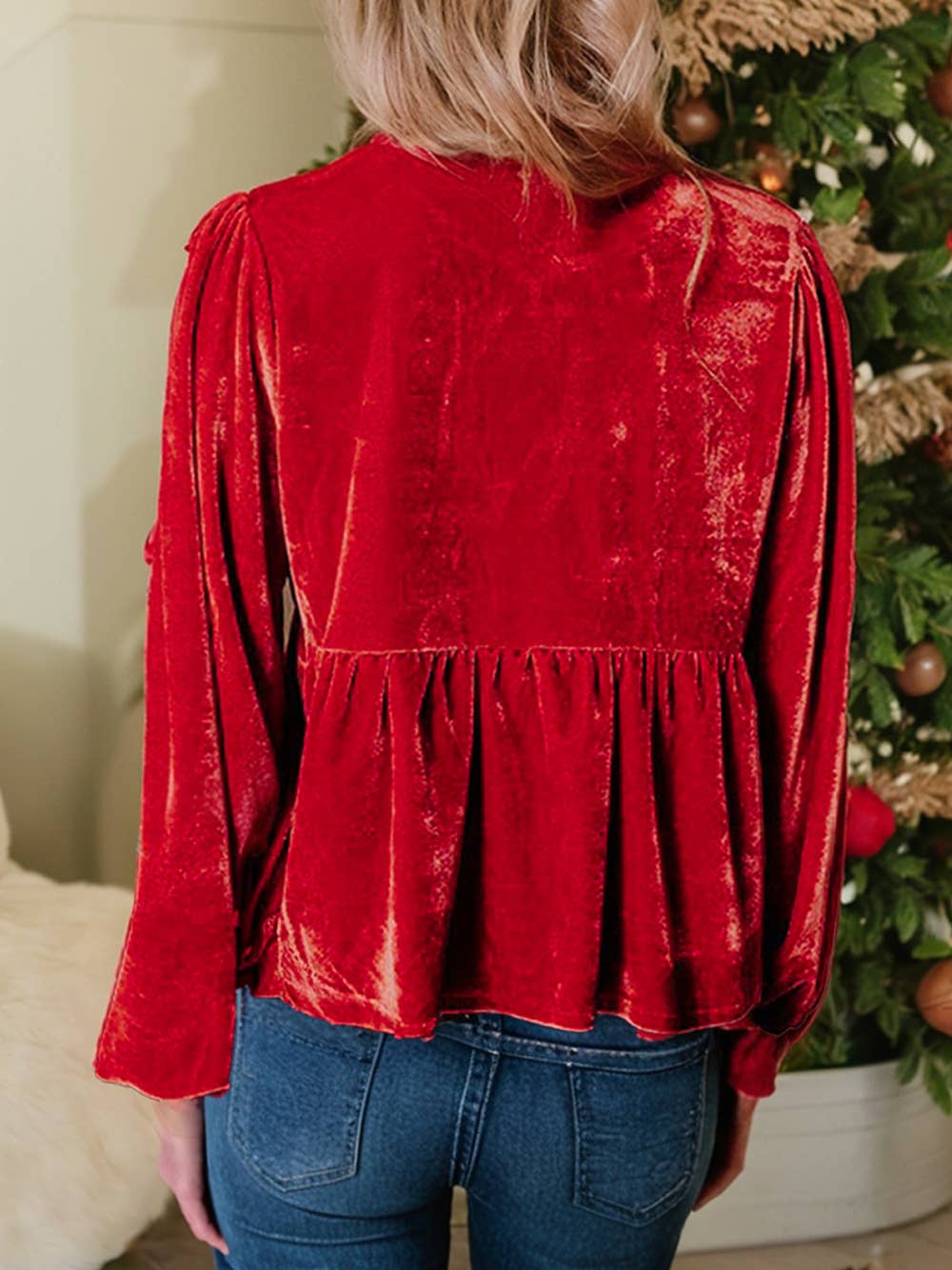 Plus Size Tie Front Velvet Peplum Blouse