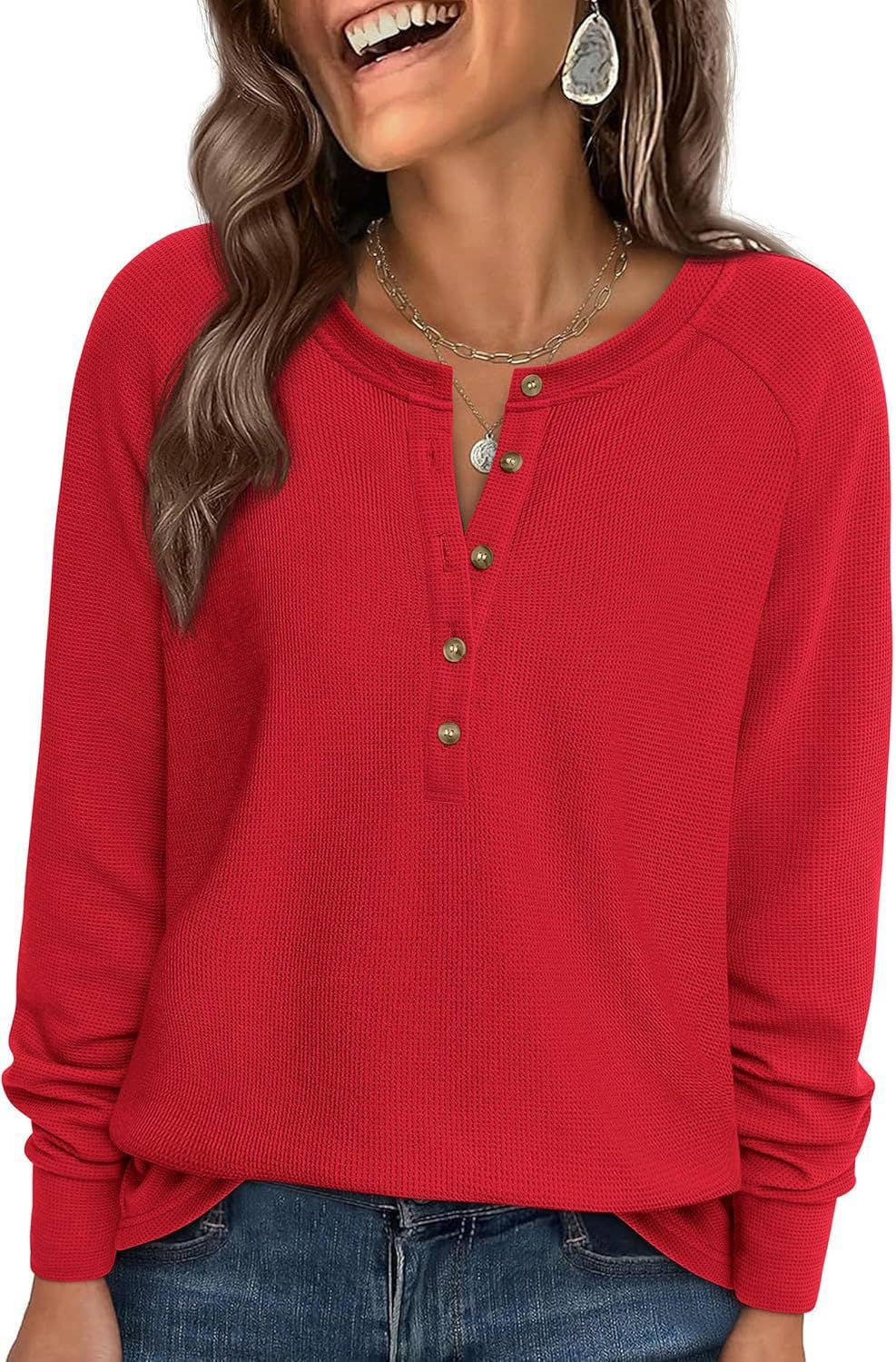 Button Front Waffle Knit Long Sleeve Top