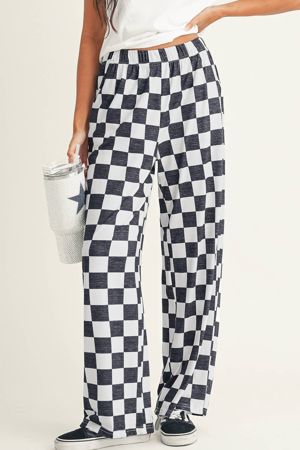 Checker Print High Waist Wide Leg Pants