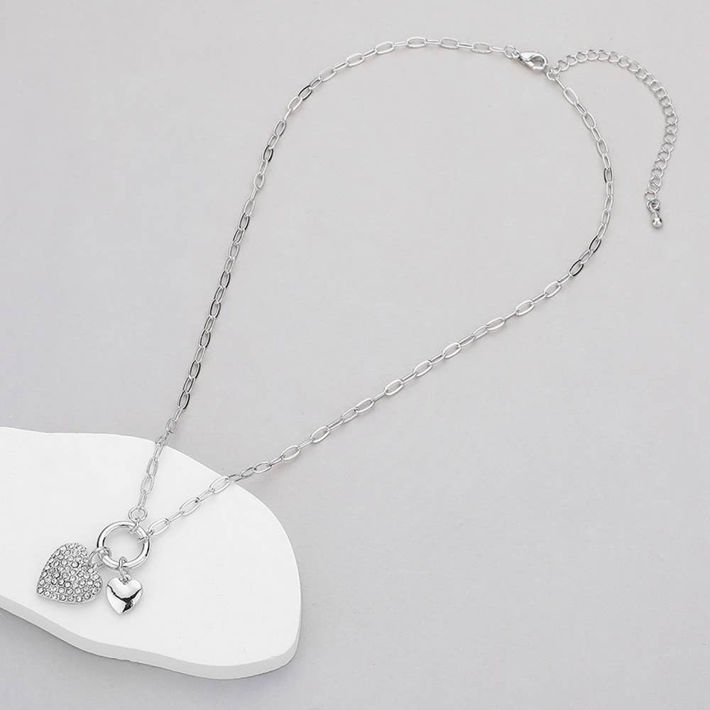 Stone Paved Metal Heart Charms Pendant Paperclip Chain Necklace