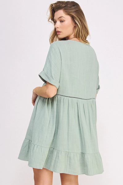 Textured  V-Neck Short Dress, Sage
