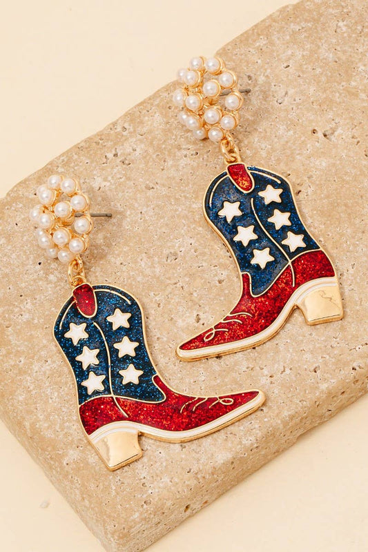 4Th Of July Usa Themed Western Cowboy Boots Dangle Earrings