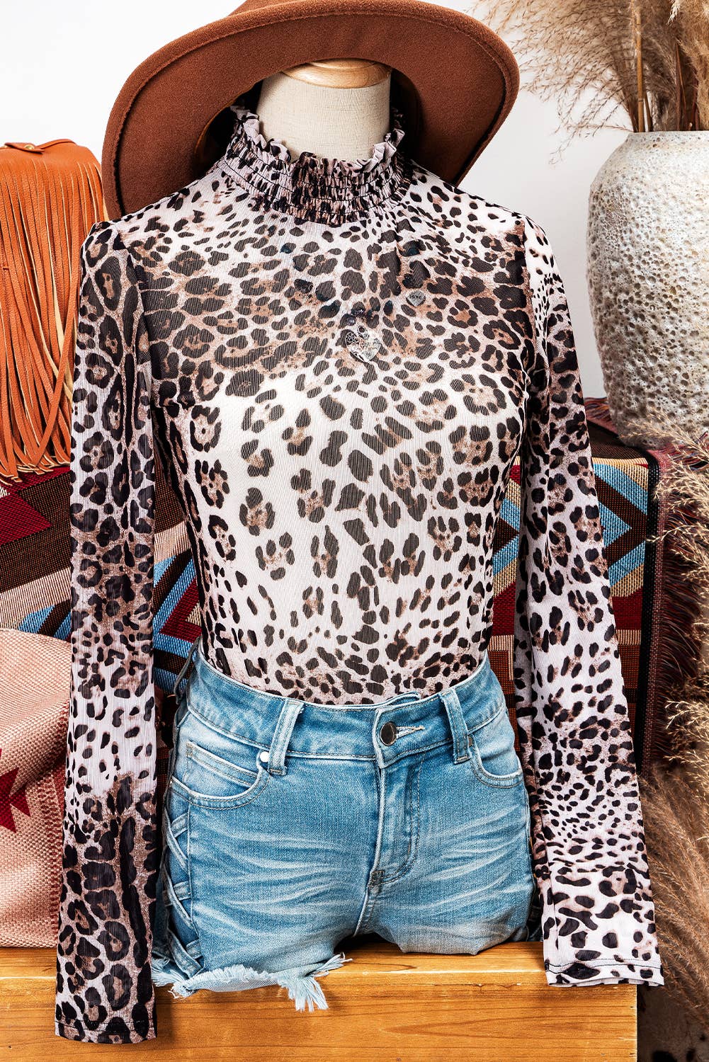 Fashion Western Leopard Smock Neck Mesh Long Sleeve Bodysuit