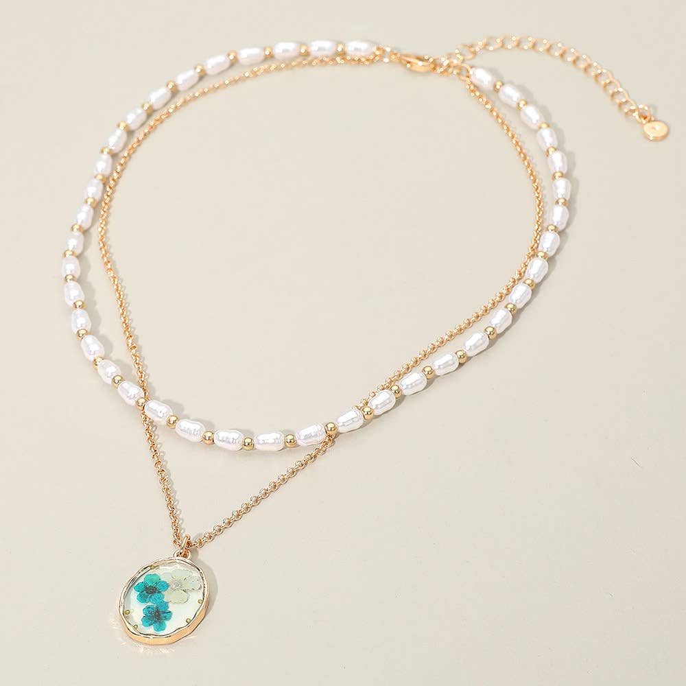 Floral Resin Pendant Pearl Metal Chain Layered Necklace