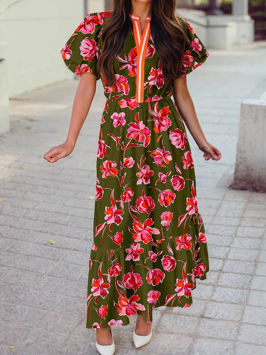 Floral Split Neck Short Puff Sleeve Ruffle Maxi Dress S-4X