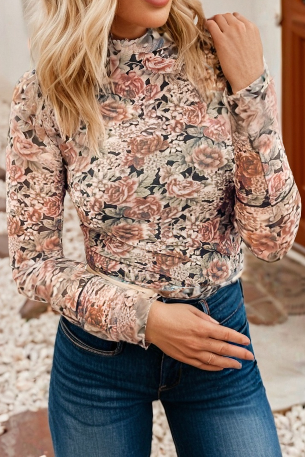 Spring Retro Floral Mock Neck Mesh Long Sleeve