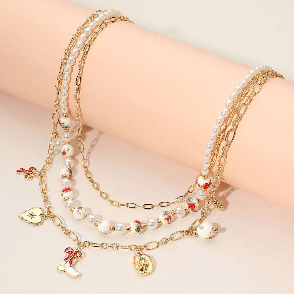 Western Cowboy Boot Hat Bow Cherry Heart Charm Station Pearl Floral Ceramic Ball Beaded Layered Necklace: Gold,Pink