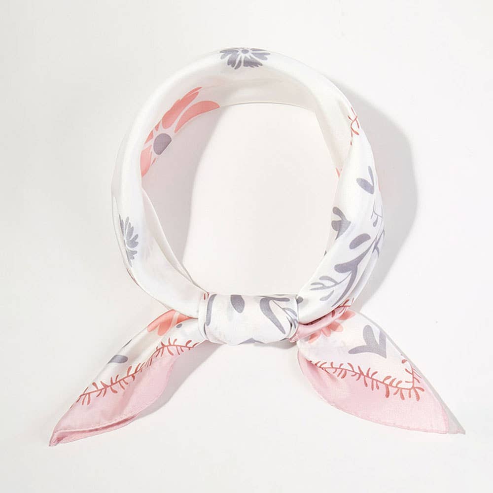 Floral Framed Border Printed Square Silky Satin Bandana Scarf