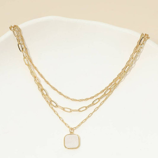 18K Gold Dipped Square Pendant Accent Mixed Paperclip Chain Layered Necklace