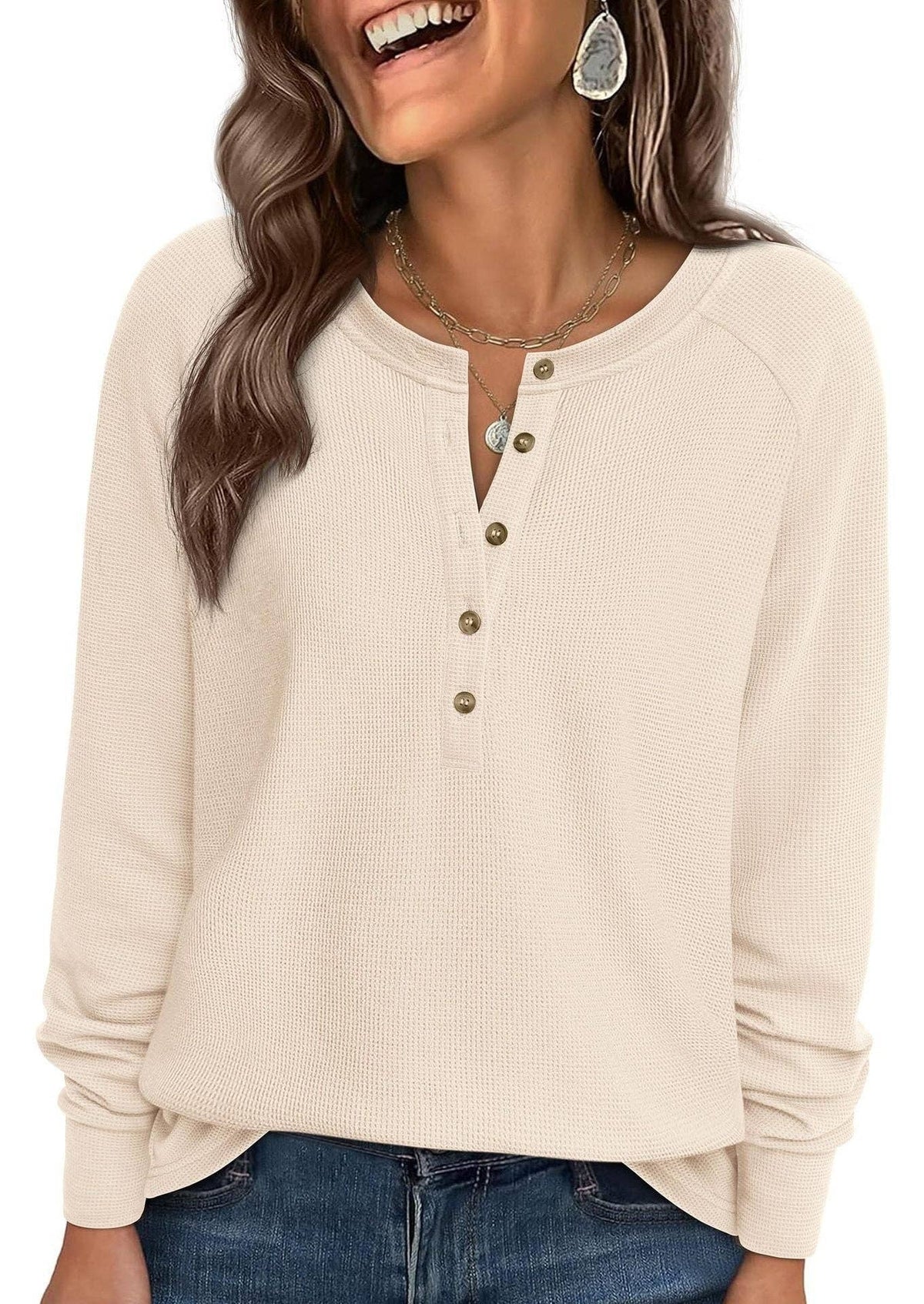 Button Front Waffle Knit Long Sleeve Top