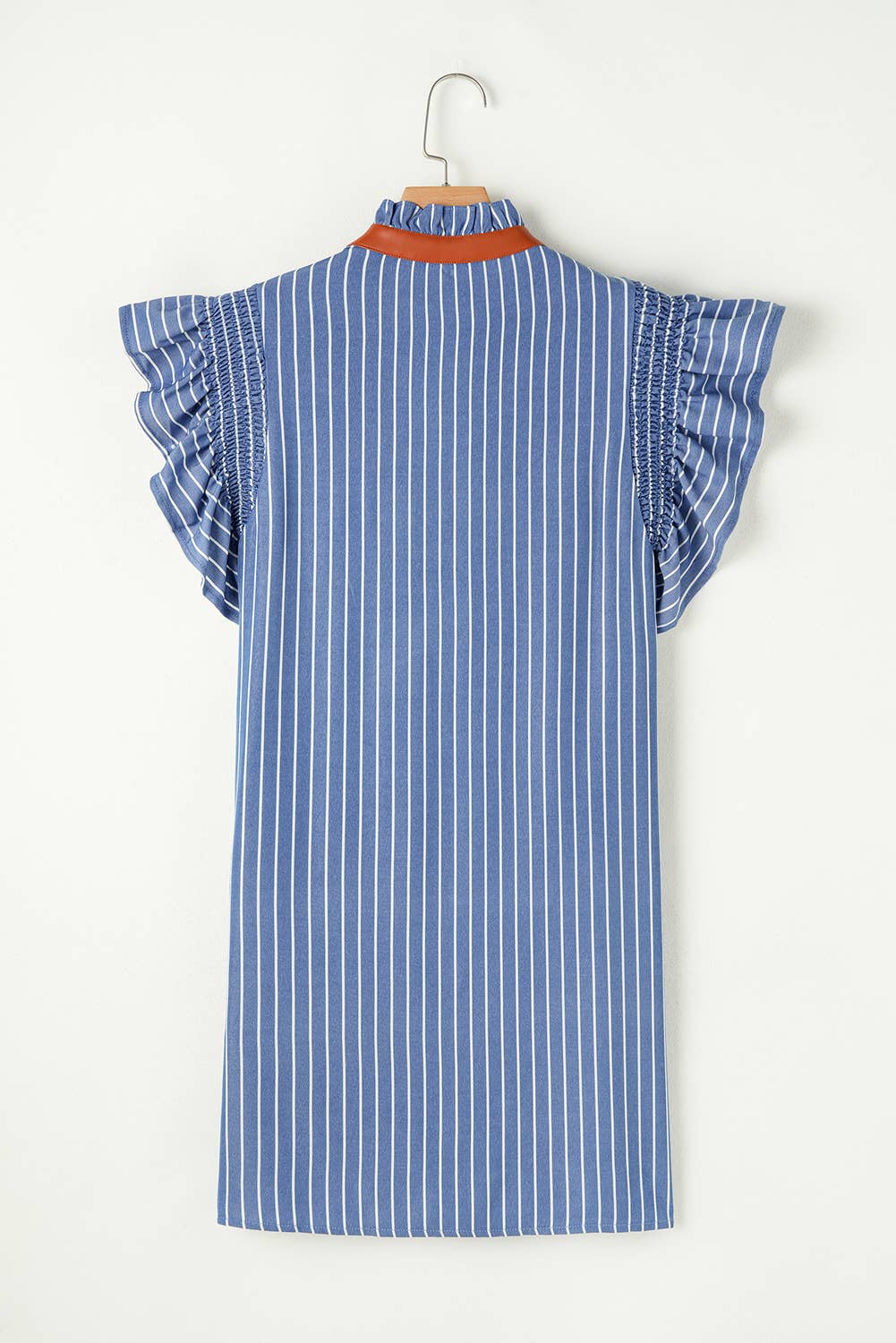 Stripe Frilly Split Neck Shirred Ruffle Sleeve Short Dress