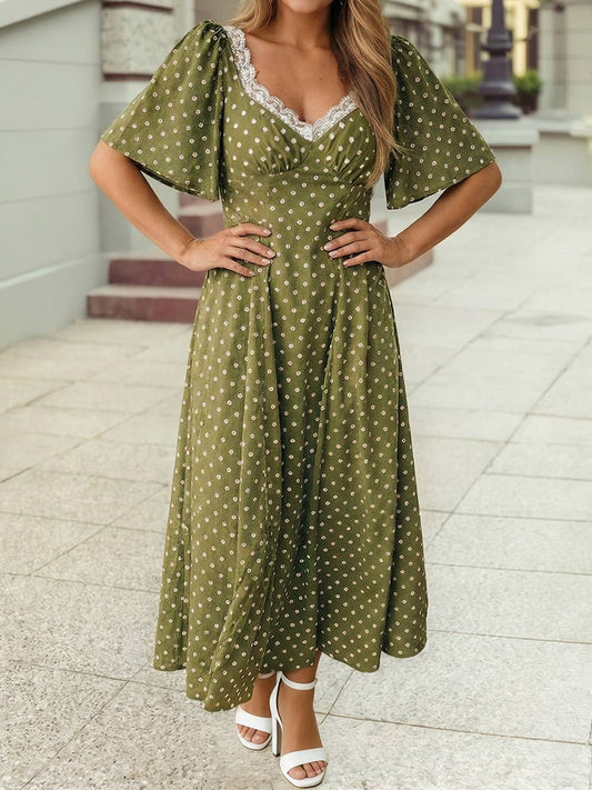 Polka Dot Lacy Neckline Smocked High Waist Maxi Dress | S-4X