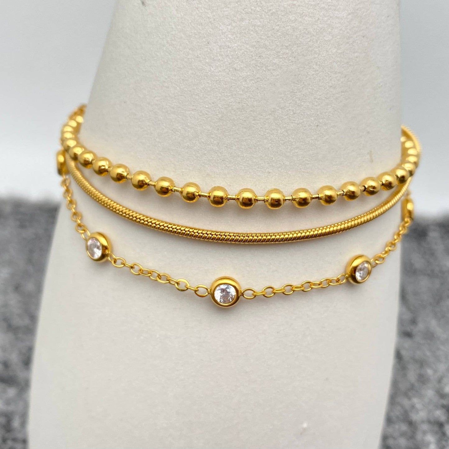 Inlaid CZ 3-layer 18K Gold-plated Steel Chain Bracelet - FGS