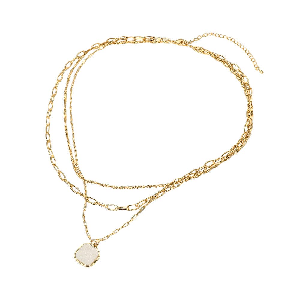 18K Gold Dipped Square Pendant Accent Mixed Paperclip Chain Layered Necklace
