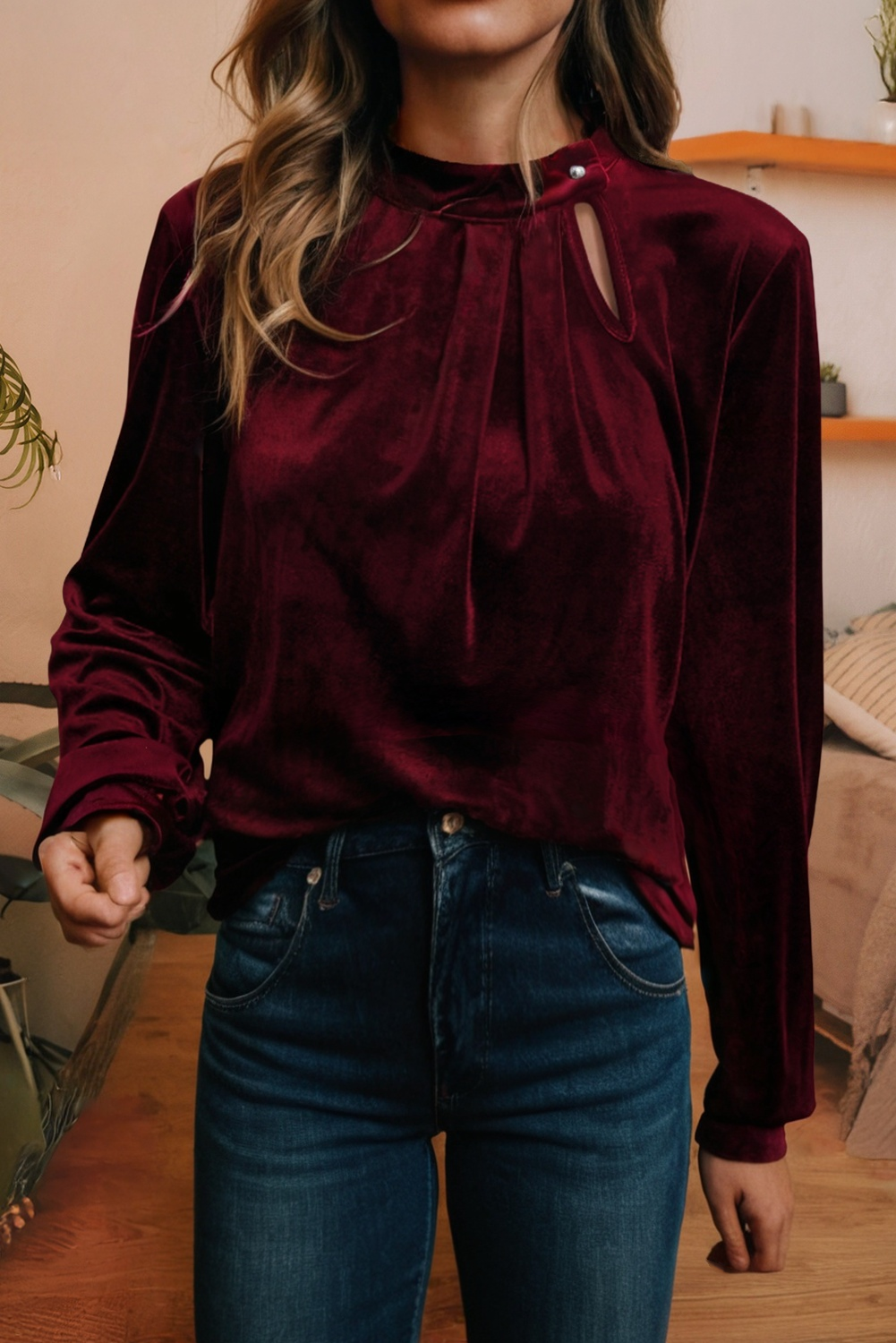 Asymmetric Button Collar Long Sleeve Velvet Blouse