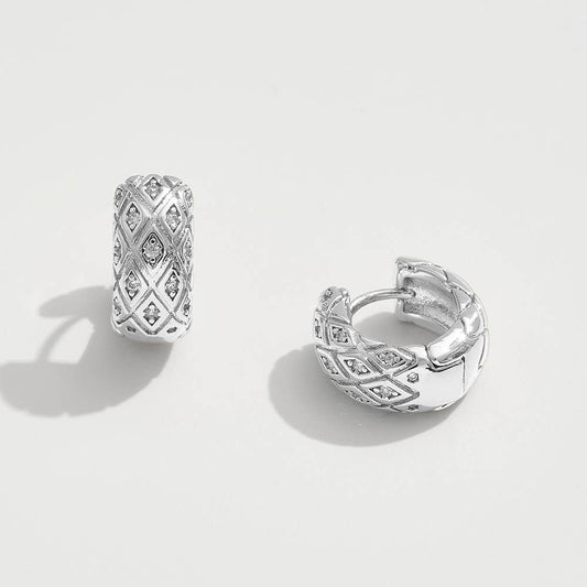 14K Gold Dipped CZ Stone Paved Quilted Huggie Earrings