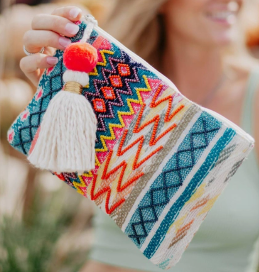 Colorful Zipper Bag with Pom Tassle