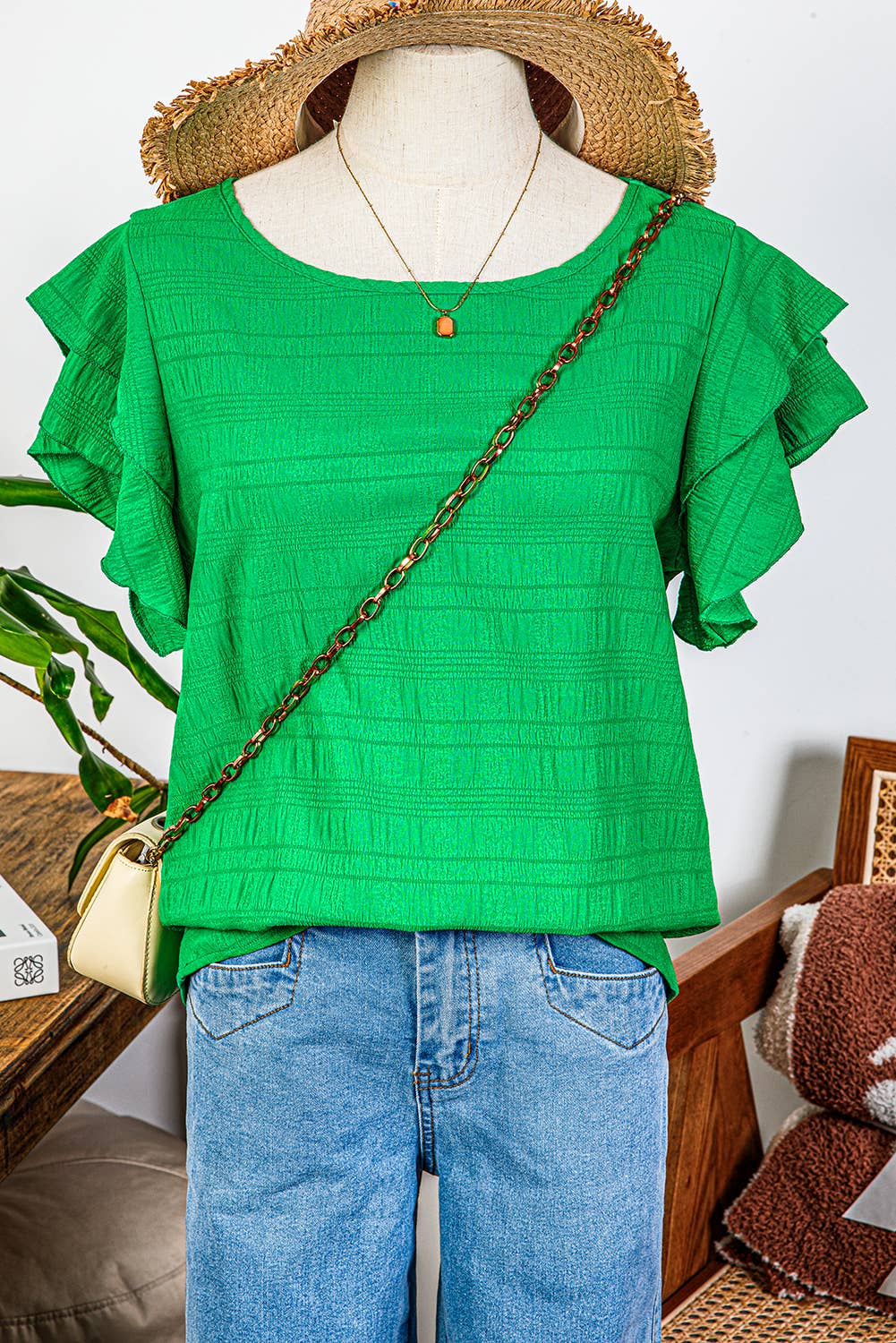 Fashion-W Textured Ruffled Sleeve Round Neck Top