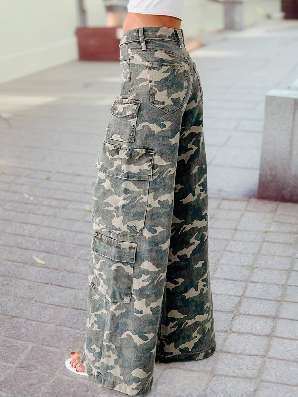 Camo Denim Cargo Wide Leg Pants