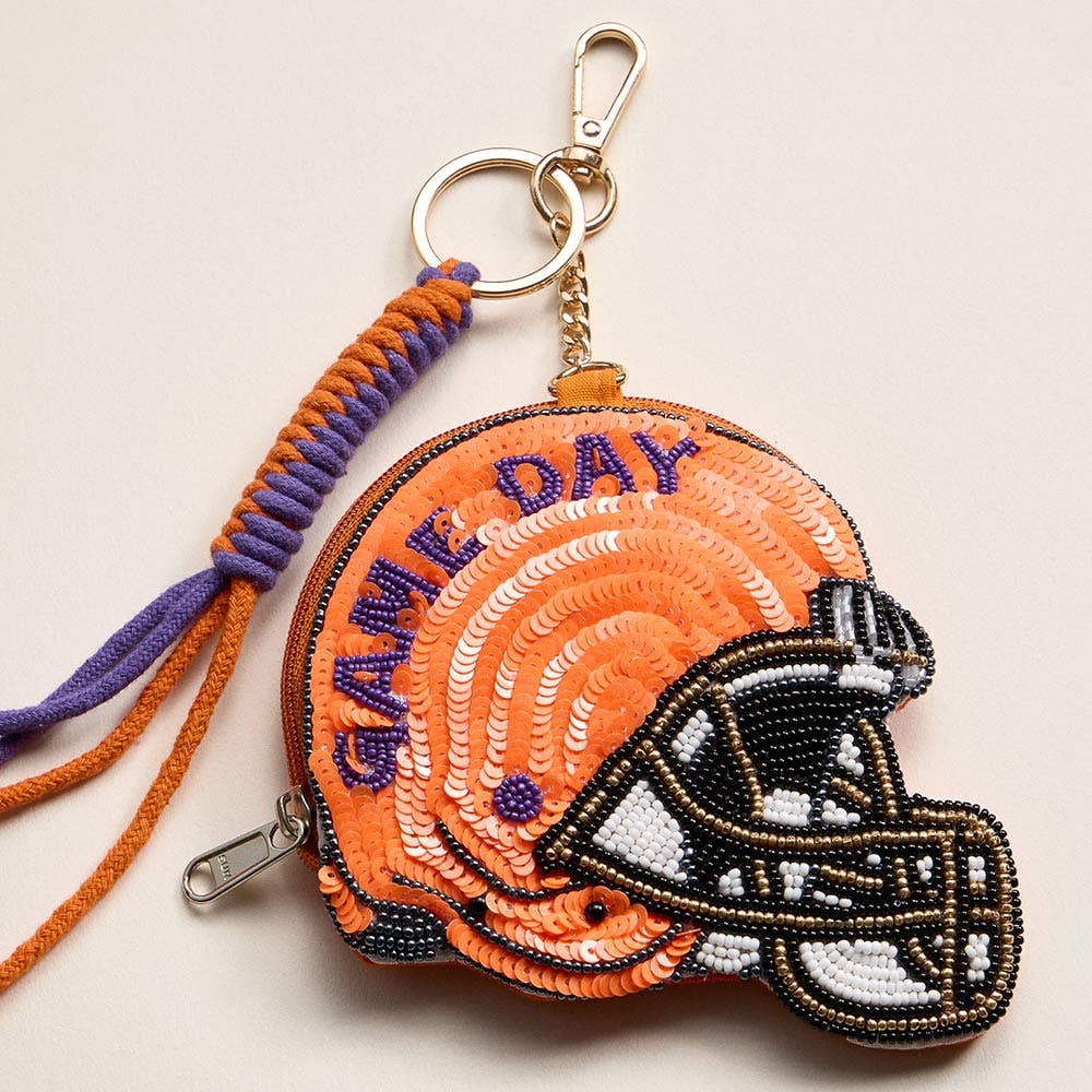 GAME DAY Helmet Sequin Beaded Keychain Pouch