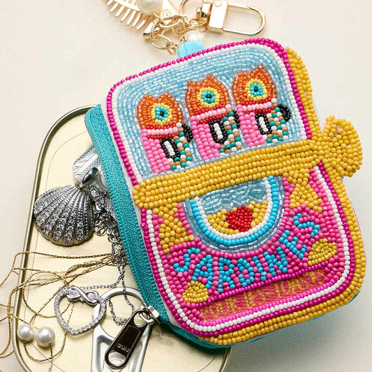 Fishbone Pearl Charm Keychain Sardine Can Seed Beaded Mini Pouch Bag