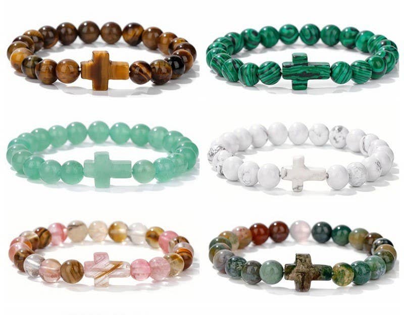 Stone Cross Charm Beaded Bracelet