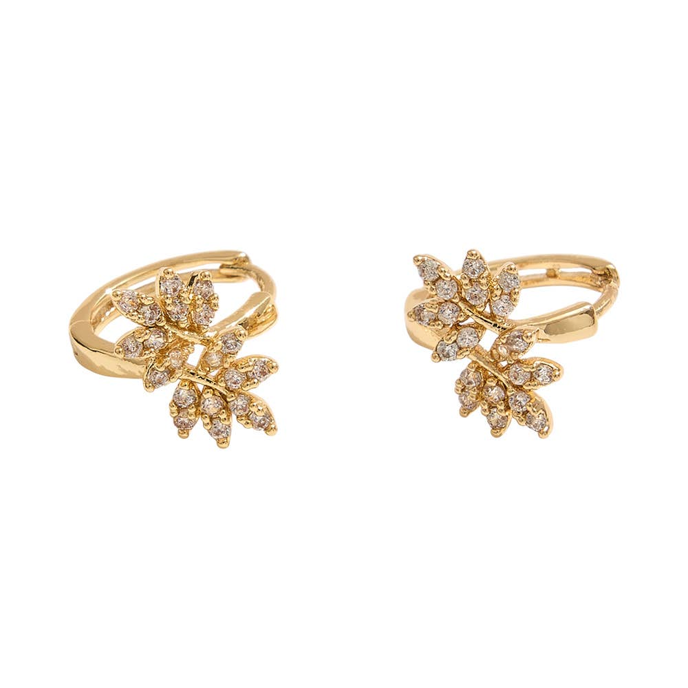 14K Gold or Silver Dipped CZ Leaves Mini Huggie Earrings