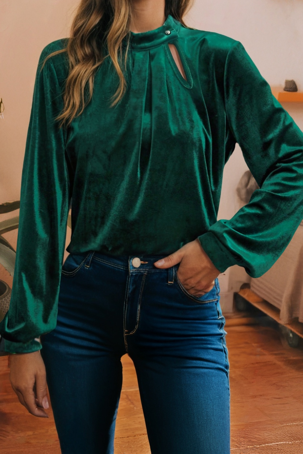 Asymmetric Button Collar Long Sleeve Velvet Blouse