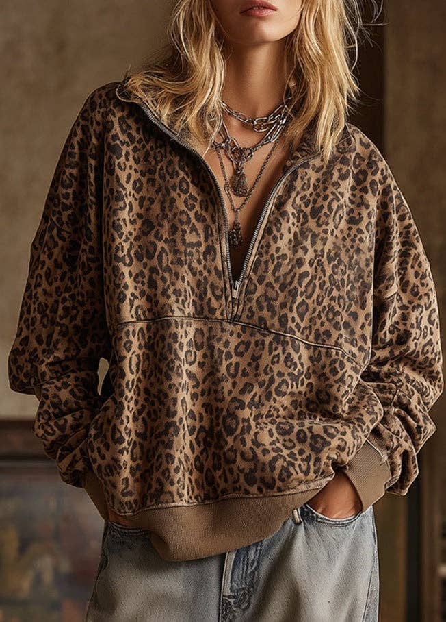 Leopard Print Half Zip Sweatshirt