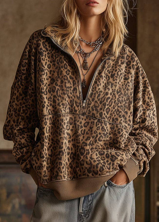 Leopard Print Half Zip Sweatshirt