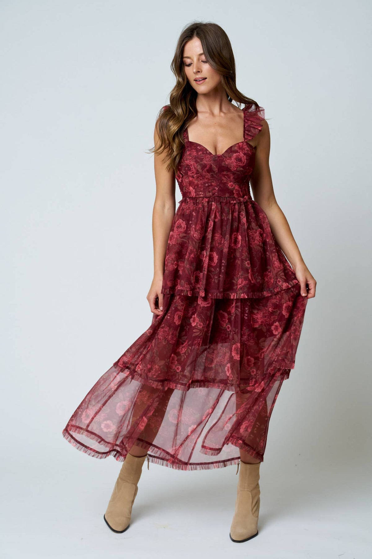 Floral Chiffon Tiered Midi Dress