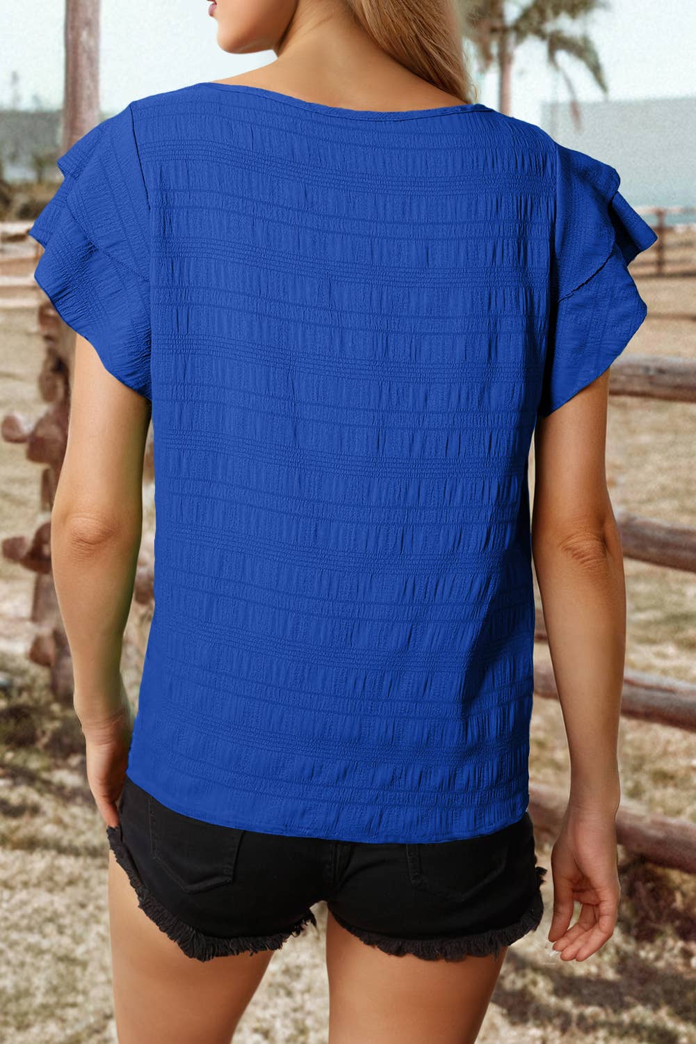 Fashion-W Textured Ruffled Sleeve Round Neck Top