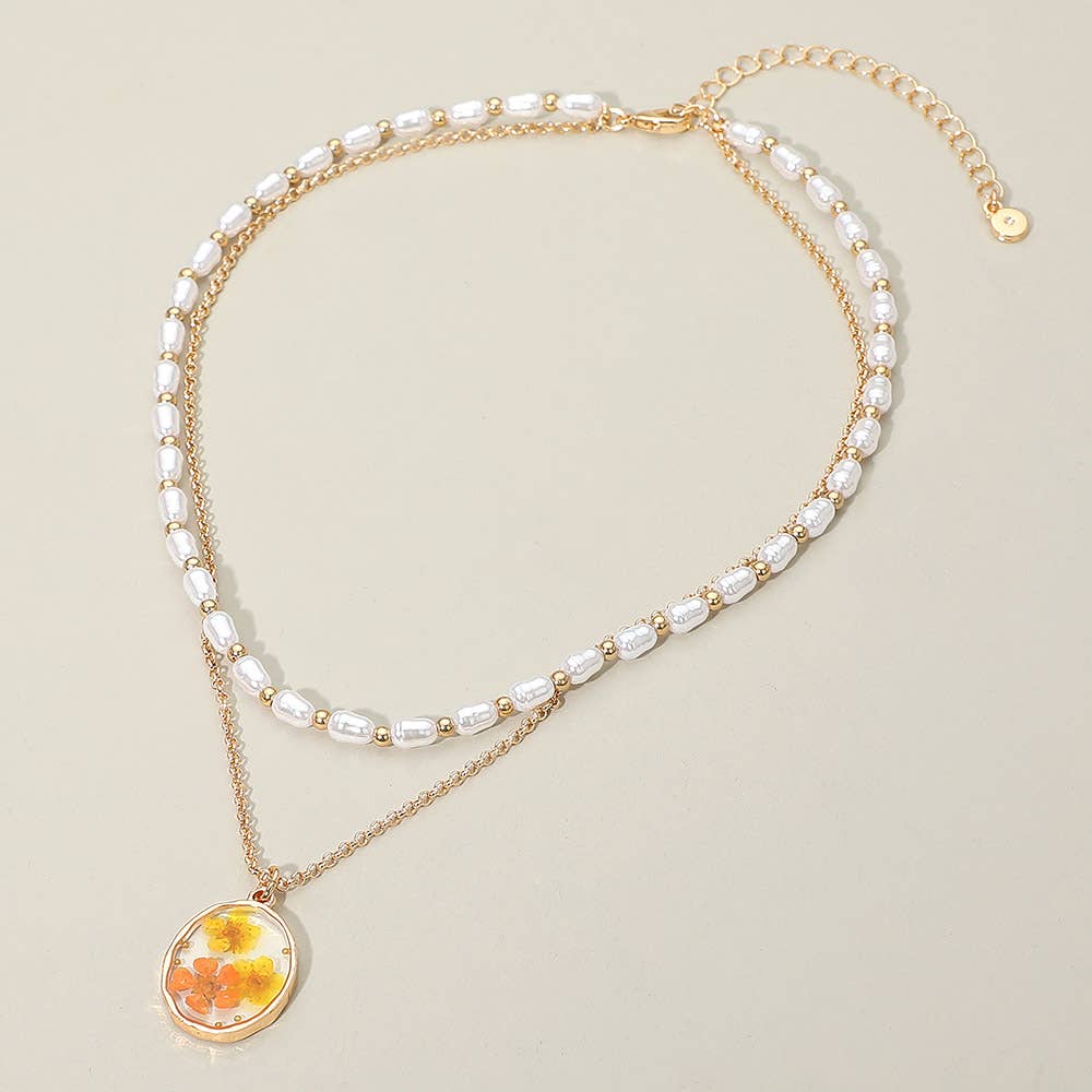 Floral Resin Pendant Pearl Metal Chain Layered Necklace