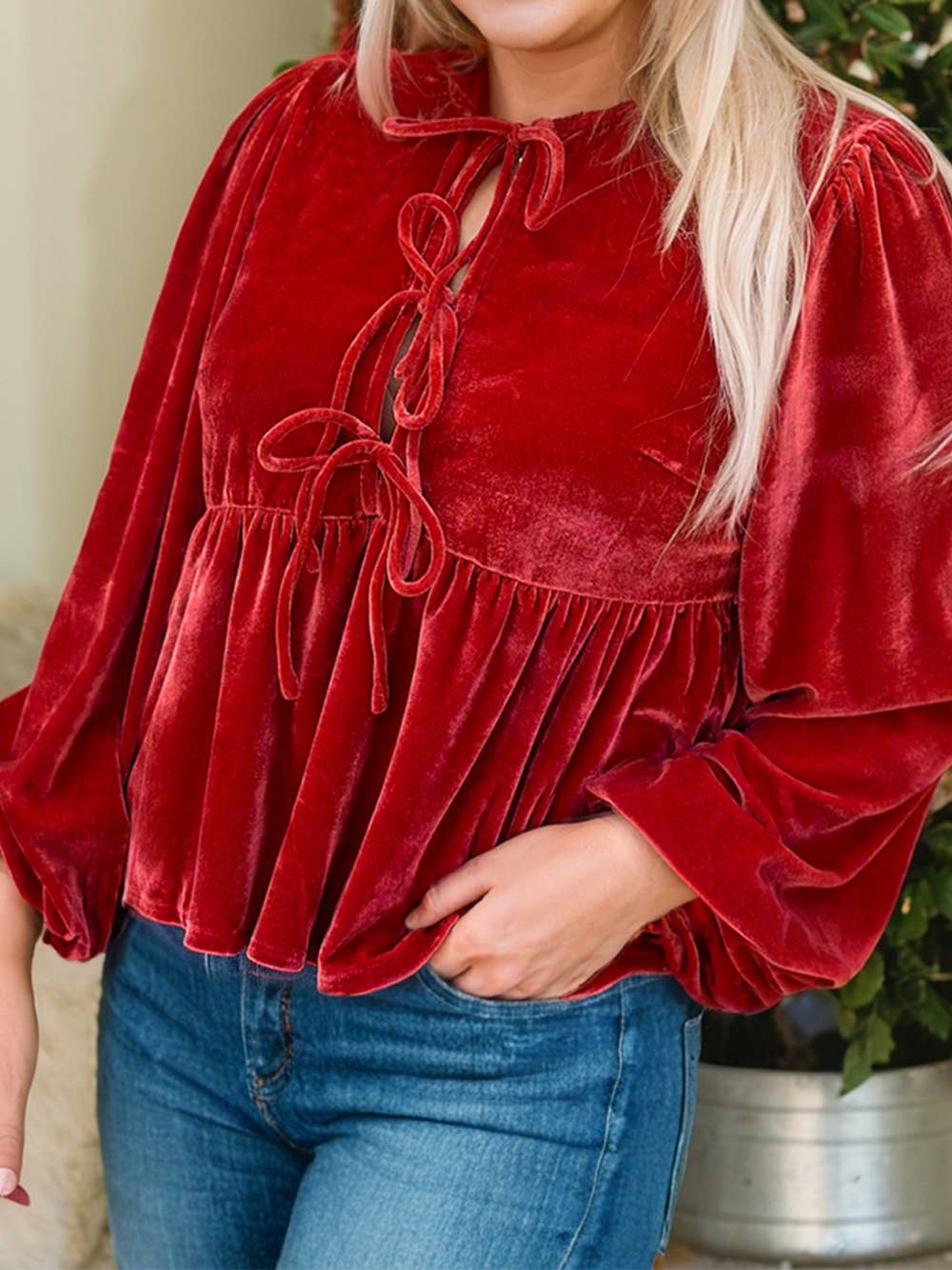 Plus Size Tie Front Velvet Peplum Blouse