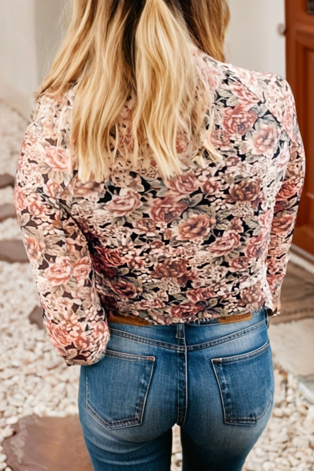 Spring Retro Floral Mock Neck Mesh Long Sleeve
