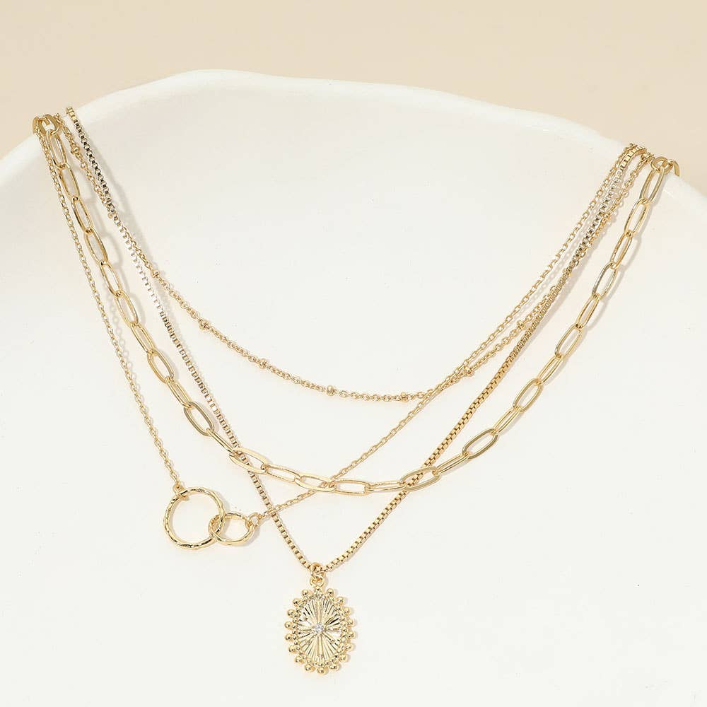 Oval Sunburst Charm Mixed Chain Layered Necklace