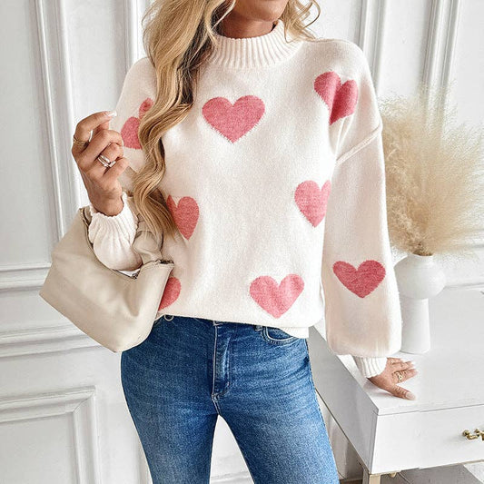 Pink Heart Knit Pullover Sweater