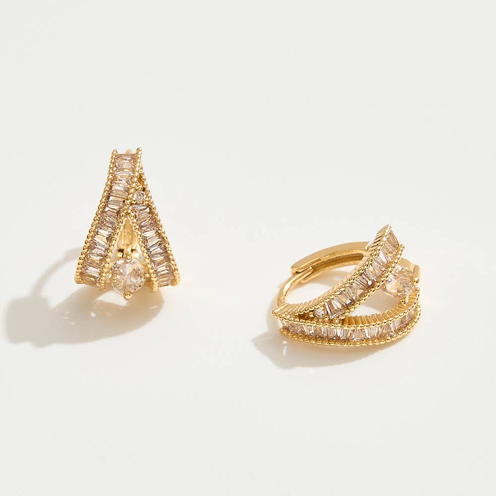 14K Gold Dipped CZ Baguette Stone Double Row Huggie Hoop Earrings