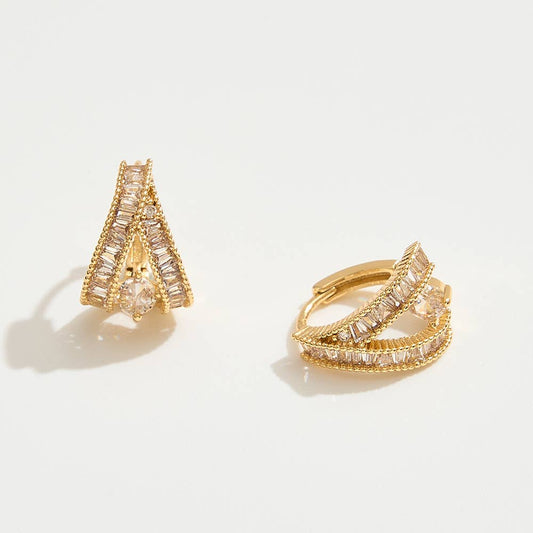 14K Gold Dipped CZ Baguette Stone Double Row Huggie Hoop Earrings