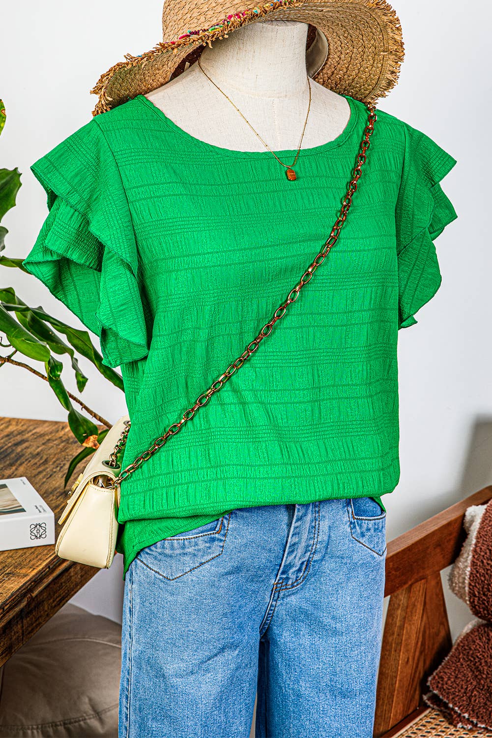 Fashion-W Textured Ruffled Sleeve Round Neck Top