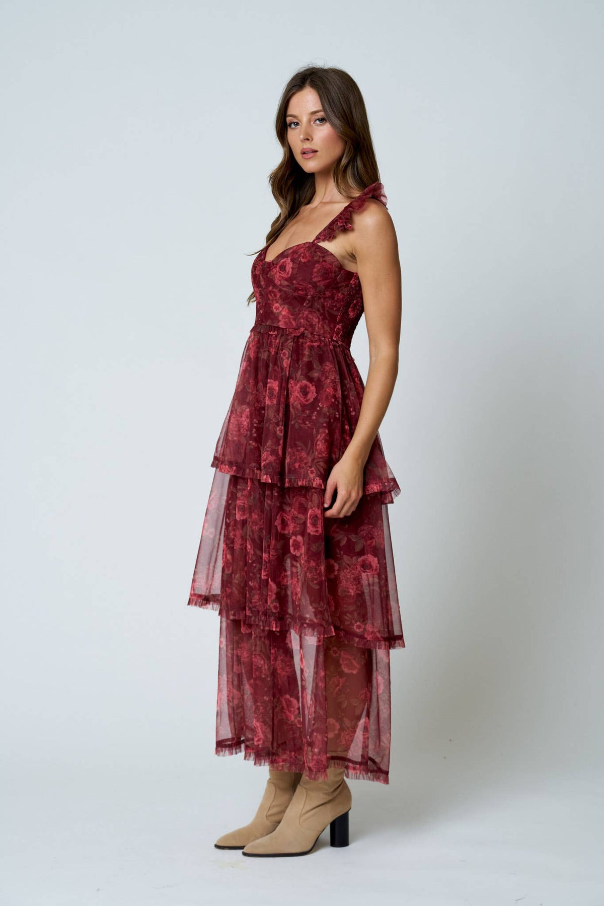 Floral Chiffon Tiered Midi Dress