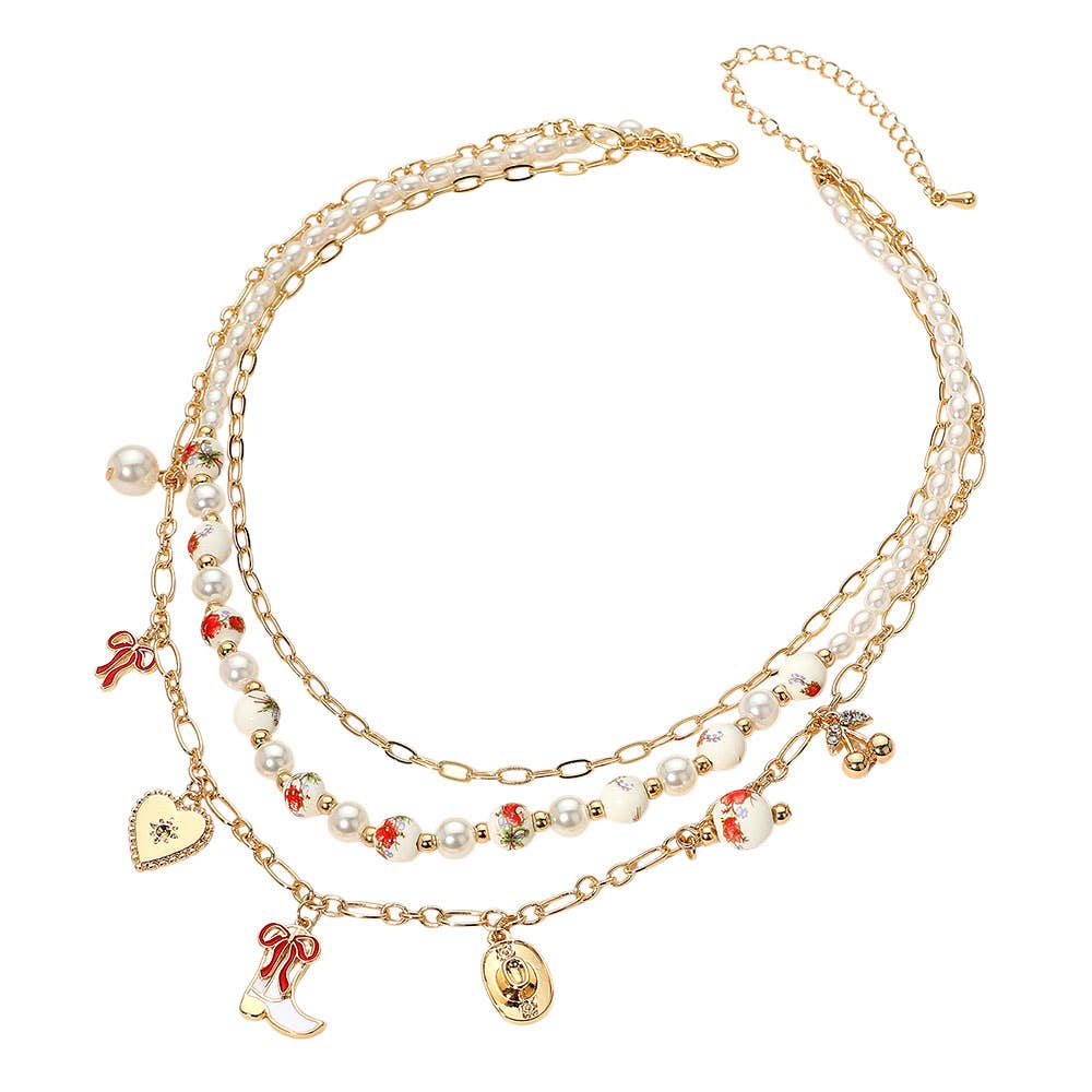 Western Cowboy Boot Hat Bow Cherry Heart Charm Station Pearl Floral Ceramic Ball Beaded Layered Necklace: Gold,Pink