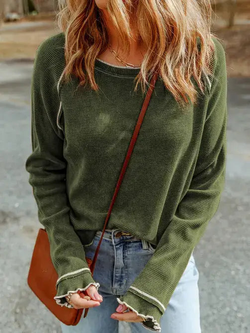 Waffle Textured Round Neck Long Sleeve