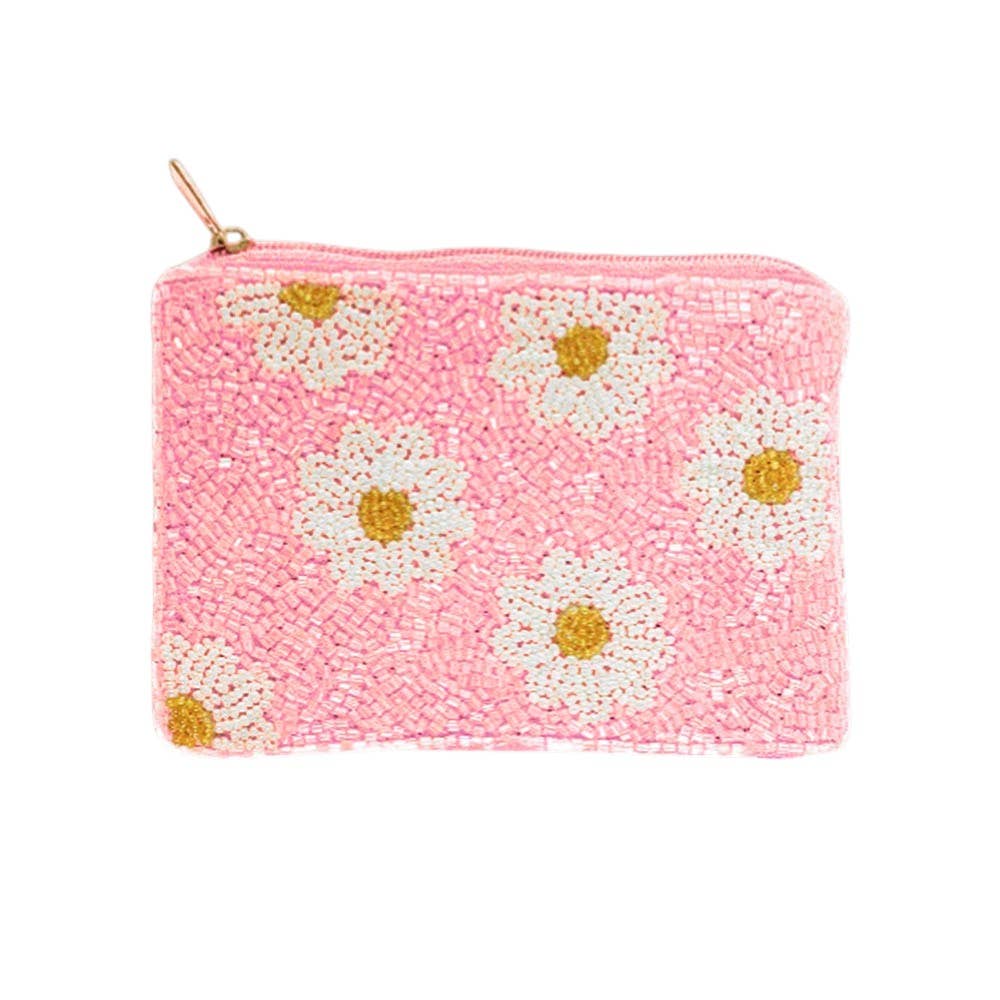 Daisy Pattern Seed Beaded Mini Pouch Bag
