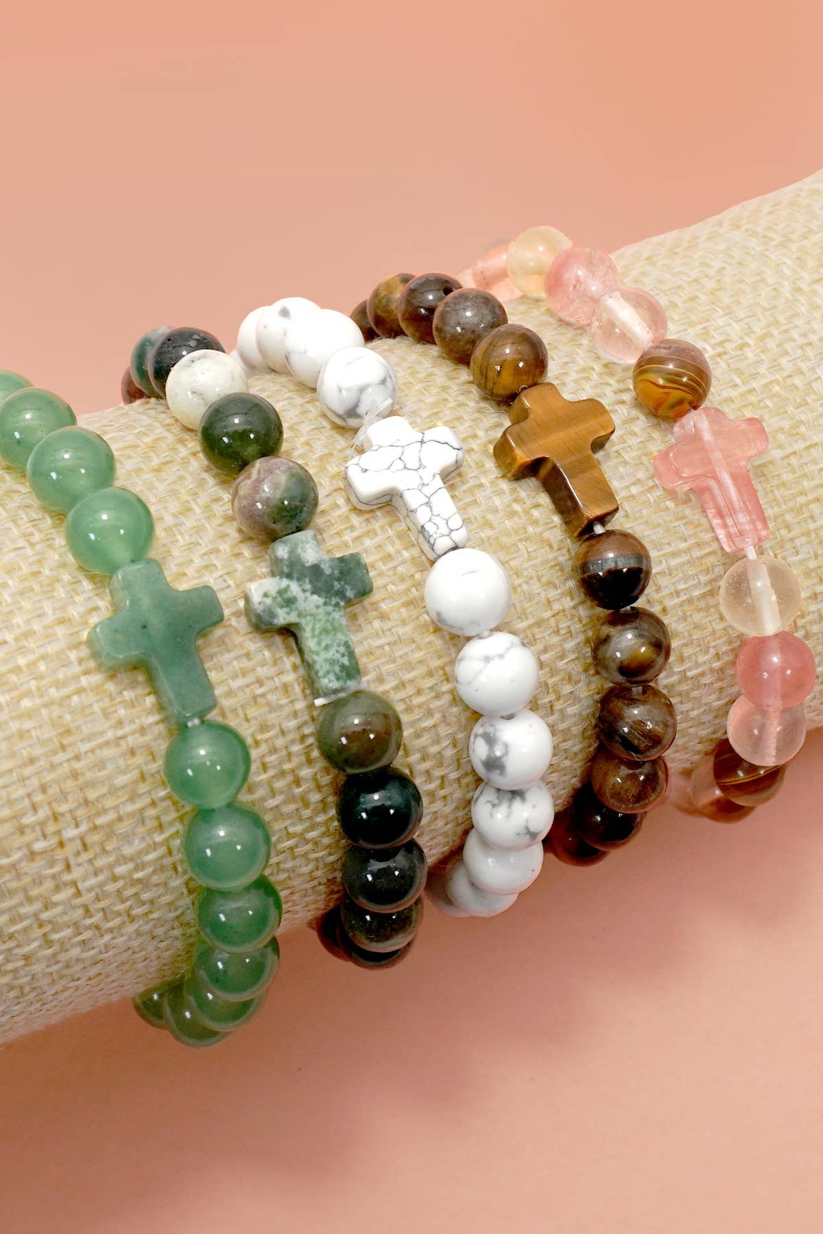Stone Cross Charm Beaded Bracelet