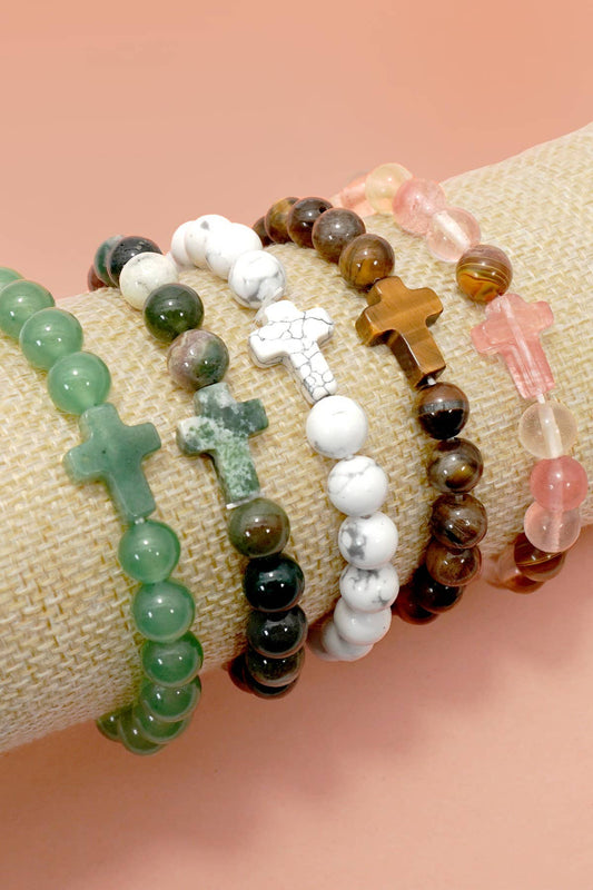 Stone Cross Charm Beaded Bracelet