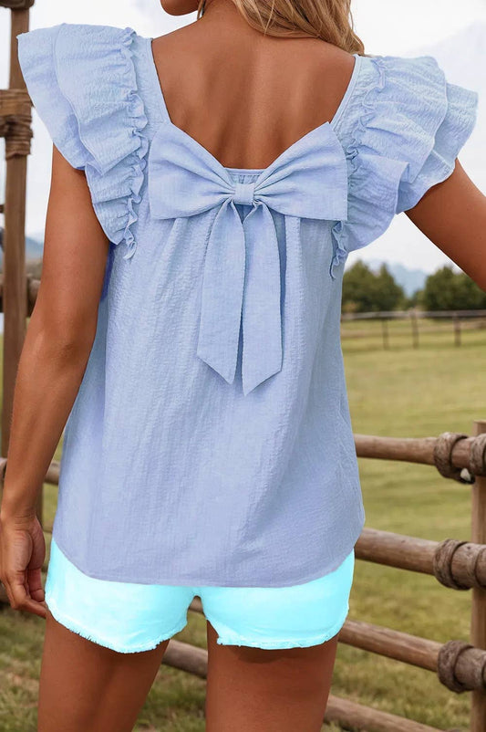 Textured Bow Knot Frilled Butterfly Sleeve Blouse